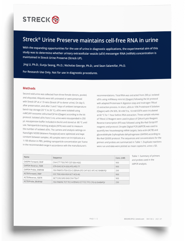 Streck Urine Preserve maintains cell-free RNA in urine